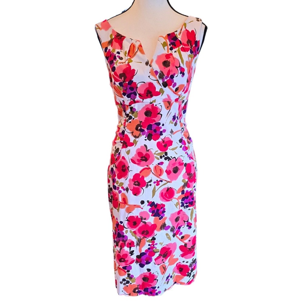London Times Floral Sheath Dress Pink Purple Cotton Blend Work Cocktail Size 14
